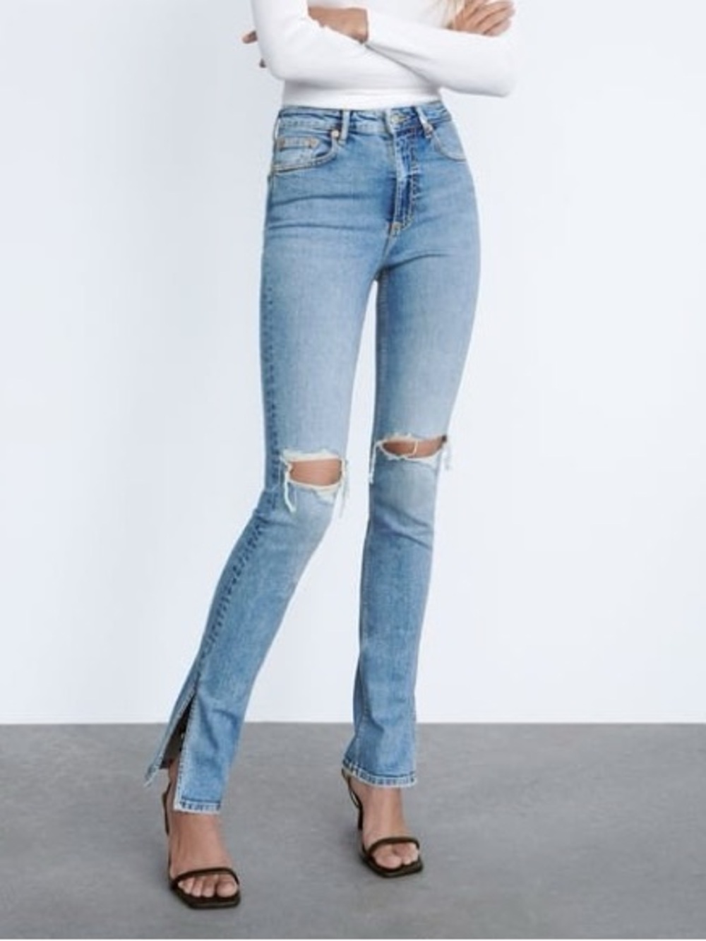 Zara High Waisted Distressed Split Hem Jeans